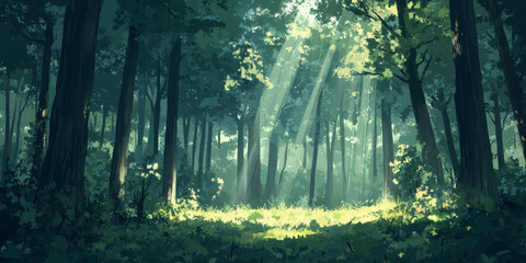 Obraz premium Forest scene background with tall trees and dappled sunlight filtering through the leaves, evoking a sense of peace