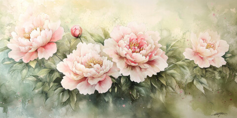 Hand painted watercolor of delicate peonies in full bloom with soft pinks and greens