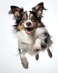 Fototapeta premium A happy dog is seen jumping mid-air with its fluffy fur bouncing and a big smile. Its expressive eyes and playful energy are captured beautifully on a bright white background. 