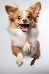 A happy dog is seen jumping mid-air with its fluffy fur bouncing and a big smile. Its expressive eyes and playful energy are captured beautifully on a bright white background.
