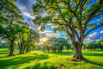 Obraz premium Majestic Grasslands with Towering Trees under a Clear Blue Sky - UHD Nature Wallpaper for Landscape Lovers and Nature Enthusiasts