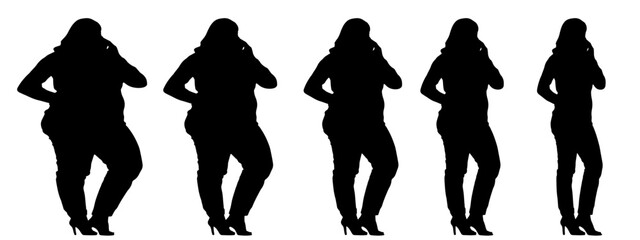 Conceptual fat overweight obese female vs slim fit healthy body after weight loss or diet on white background banner. A  fitness, nutrition or obesity, health shape illustration vector as silhouettes