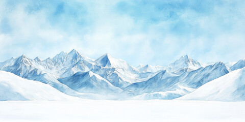 Hand painted watercolor of a snow-covered mountain range under a bright blue winter sky