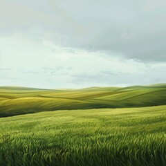 Vast deep green fields stretch across the horizon, gently swaying in the cool breeze under a muted sky, creating an atmosphere of peace and natural beauty in springs embrace.