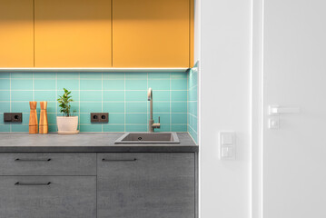 Modern Kitchen Interior with Stylish Colorful Furniture and Hardwood Floor. Oven, Sink, Flower, Minimalistic Interior Design. LED Lights, White Door to Bathroom