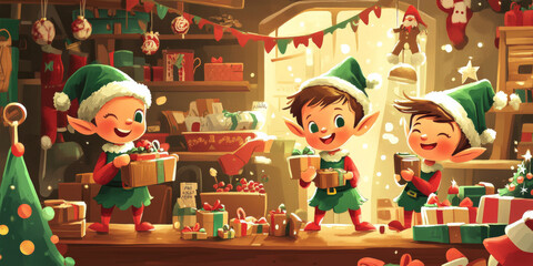 A lively graphic featuring playful elves working in a workshop, preparing items for a Christmas sale event