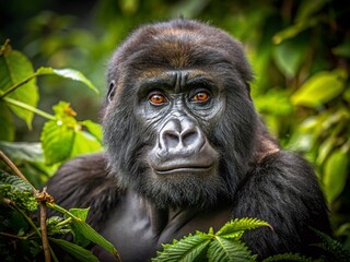 Fototapeta premium Majestic Mountain Gorilla Portrait - Nature's Gentle Giant in Lush Habitat, Close-Up with Intricate Facial Features, Captivating Eyes, and Natural Environment, Wildlife Photography