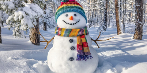 A fluffy snowman wearing a colorful scarf and hat, standing in a winter wonderland filled with snow-covered trees