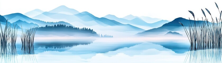 Obraz premium Tranquil misty lake surrounded by mountains and grass, serene blue tones, perfect for peaceful atmosphere.