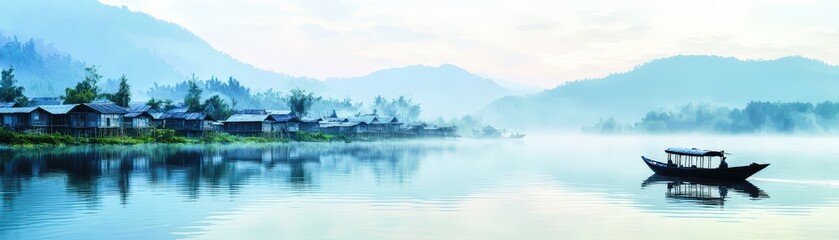 Fototapeta premium Tranquil lake scene with misty mountains and a lone boat, creating a serene atmosphere.