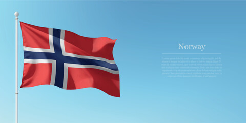 Waving Flag of Norway Against Clear Blue Sky Copyspace