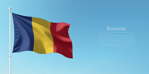 Waving Flag of Romania Against Clear Blue Sky Copyspace