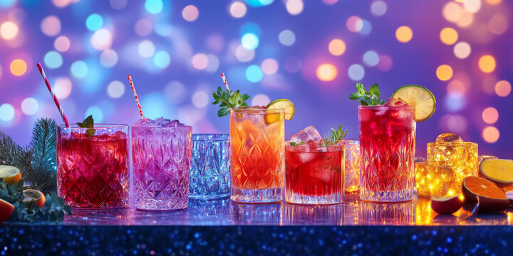 A stylish bar setup with colorful cocktails, garnishes, and a backdrop of shimmering lights for a festive atmosphere
