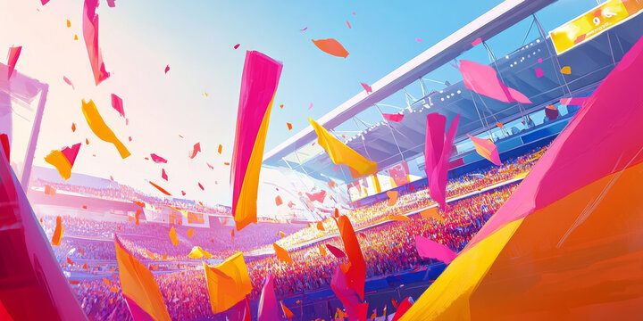 A colorful sports stadium filled with fans waving flags and banners, creating an energetic atmosphere for an event