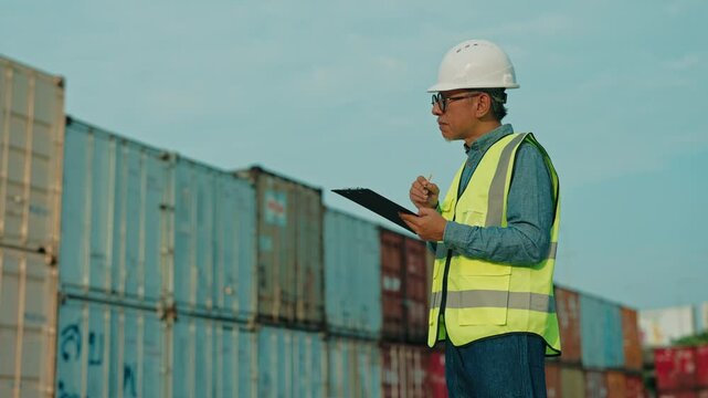 A Logistics Supervisor Inspects Shipping Containers at a Transport Yard During the Day, Ensuring Operations Run Smoothly and Safely