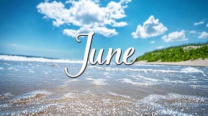 June. Inspirational summer background with blue sky, white clouds and foamy waves on a sandy beach