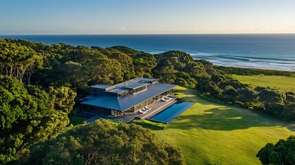 Obraz premium Modern Coastal Home with Infinity Pool and Lush Foliage