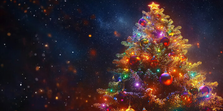 Vibrant Christmas tree adorned with colorful ornaments and glowing lights against a dark, starry night