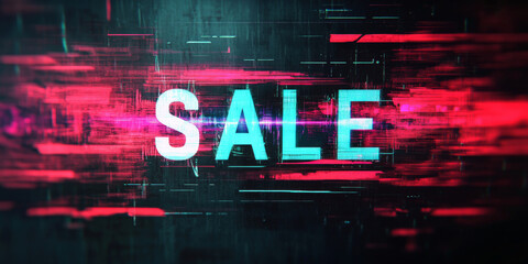 Digital glitch effect with "SALE" text, adding a tech-inspired, futuristic vibe