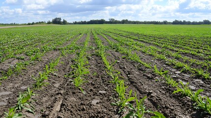 Obraz premium A polluted agricultural field with dark, contaminated soil and struggling plants surrounded by signs of environmental harm.