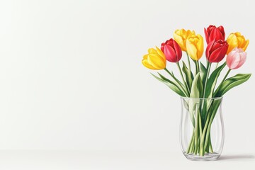Vibrant tulips in various colors arranged in a clear vase on a white background.