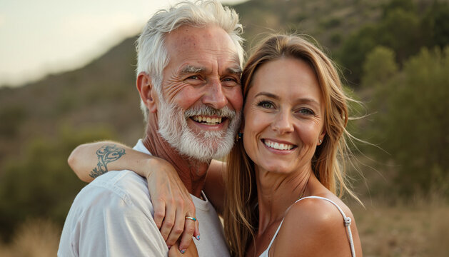 A man and woman, both smiling, stand in a field outdoors. The man is older and has a grey beard. The woman is younger and has blonde hair. They are embracing.