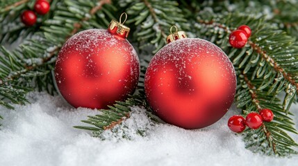 Fototapeta premium Red Christmas Ornaments on Snowy Pine Branches