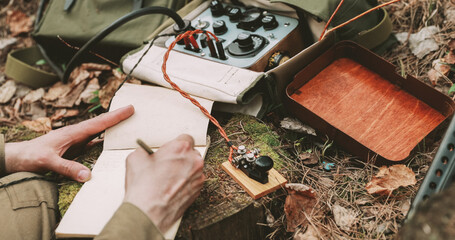 Russian Soviet Infantry Red Army Soldier In World War II using Russian Soviet Portable Radio Transceiver In Trench Entrenchment In Spring Autumn Forest. . Headphones And Telegraph Key. Close Up Hands © Great Brut Here