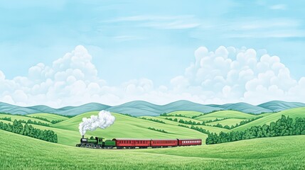 Fototapeta premium Vintage steam train traveling through lush green hills under a blue sky with fluffy clouds.