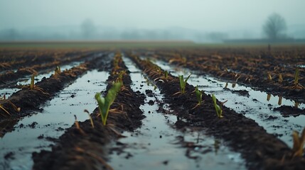An agricultural field with soil that is dark and contaminated, littered with industrial waste and chemicals. Plants struggle to grow, appearing sickly and withered.