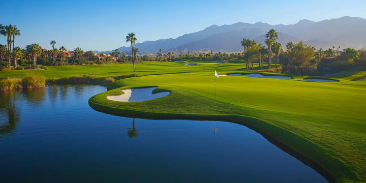 A tranquil golf course with a beautifully manicured green and a flag in the distance, ideal for promoting relaxation