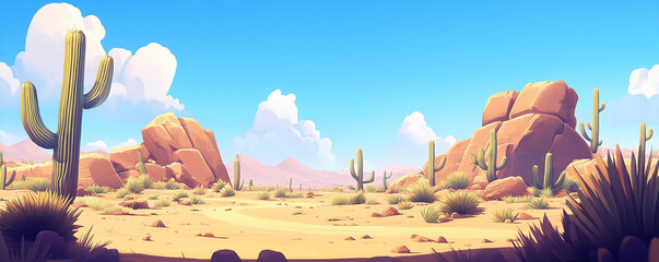Desert landscape background illustration. American desert landscape illustration. Cartoonish desert plateau. Desert background for game or banner. Western desert landscape. Desert illustration.