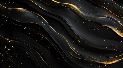 Abstract Black and Gold Wavy Background with Glittering Dust