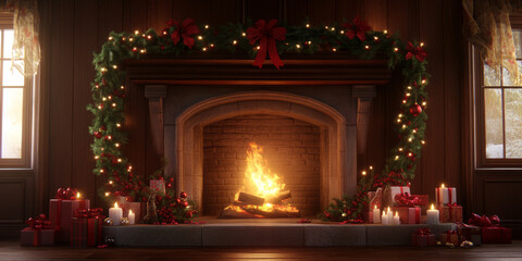 A cozy fireplace scene with crackling flames and a mantle decorated with holiday garlands and candles