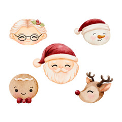 Watercolor Christmas faces with adorable Santa Claus and wife, deer, snowman and ginger bread cartoon character, Perfect for Christmas greeting cards and festive decoration vector