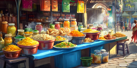 A vibrant Indian street food scene featuring colorful chaat, pani puri, and fresh spices, showcasing the essence of the cuisine