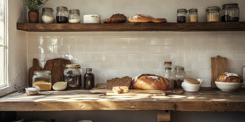 A rustic wooden countertop adorned with freshly baked bread, grains, and a jar of homemade jam, creating a homely feel