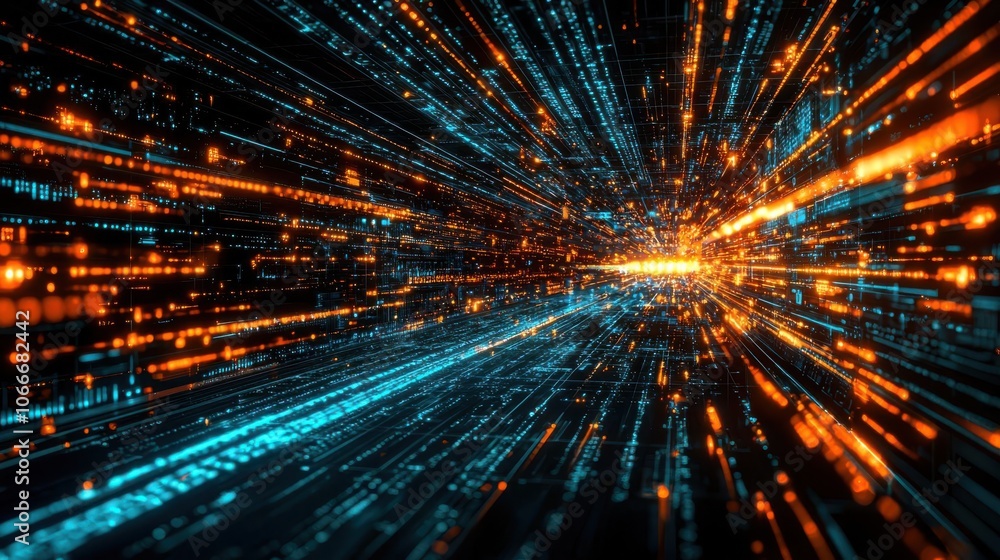 Poster dynamic digital abstract illustration with vibrant lines and glowing particles in a futuristic setti