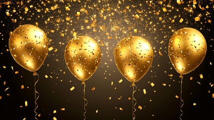 Obraz premium Three Golden Balloons with Confetti on a Black Background