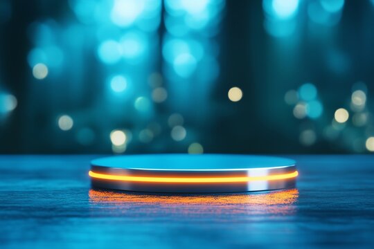 Illuminated podium with bokeh background. Technology and cyber sale concept. Product display for banner, poster and background with copy space.