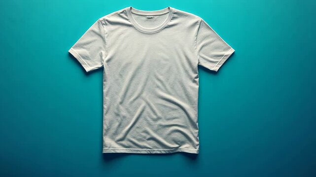 A white t-shirt lays flat on a blue background
