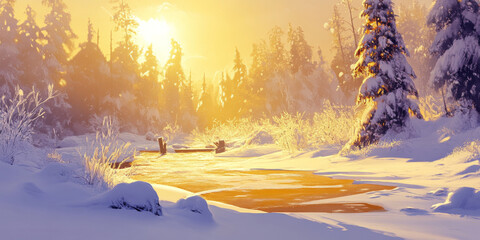 A winter morning scene of a snow-covered landscape bathed in golden sunlight, creating a warm and inviting feel