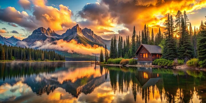 A Rustic Cabin Nestled Among Evergreen Trees Reflects on the Tranquil Waters of a Serene Lake, Bathed in the Warm Glow of a Sunset Sky, as Majestic Mountain Peaks Rise in the Distance.