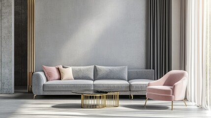 Modern Living Room with Grey Sofa, Pink Armchair, and Gold Accents