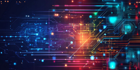 A futuristic abstract background with neon colors and digital patterns, reflecting technology and innovation