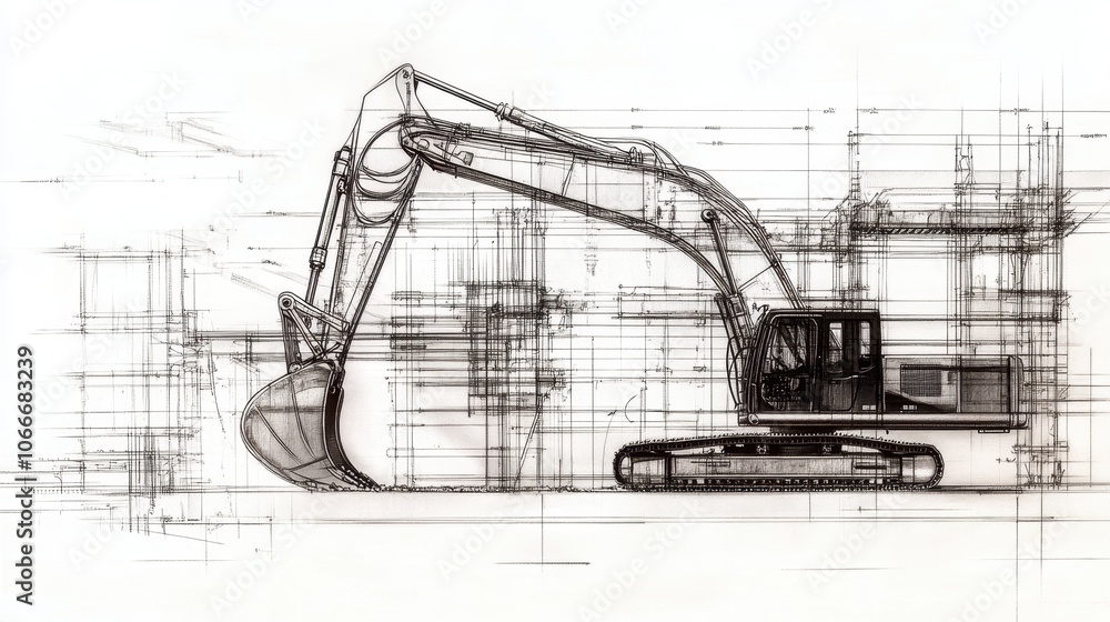 Aufkleber a captivating side view of an excavator working on a construction site, with detailed engineering bl