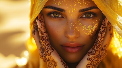 A radiant woman in a Moroccan kaftan, intricate henna covering her face and hands, glowing with confidence under desert sunlight. Background with a blurred golden dune, hd quality, vibrant detail,