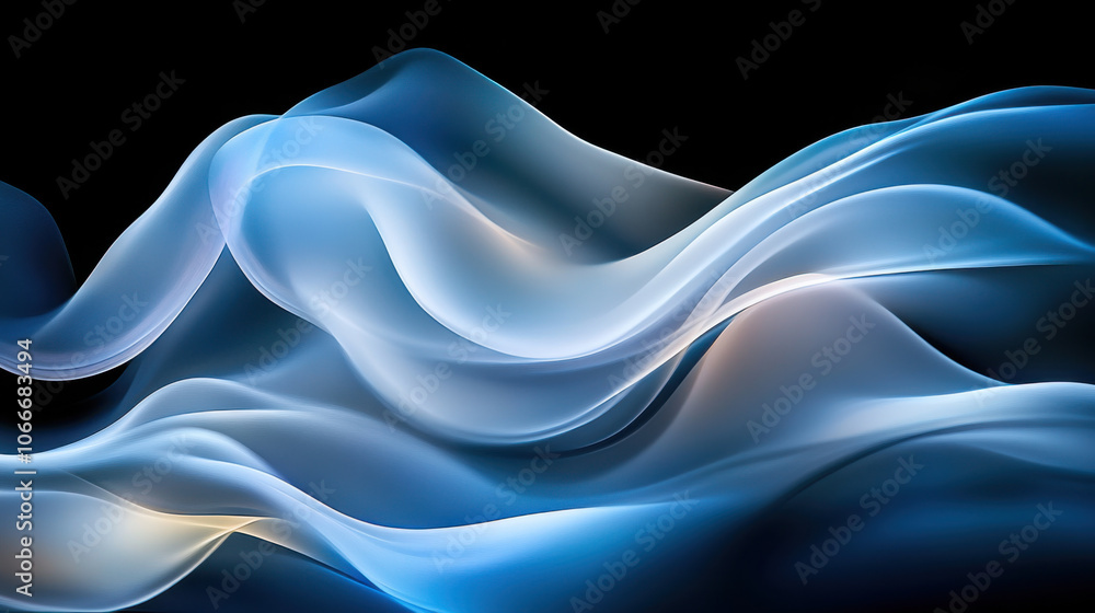 Poster complex interplay of digital waves in shades of blue and white, creating serene and fluid visual exp