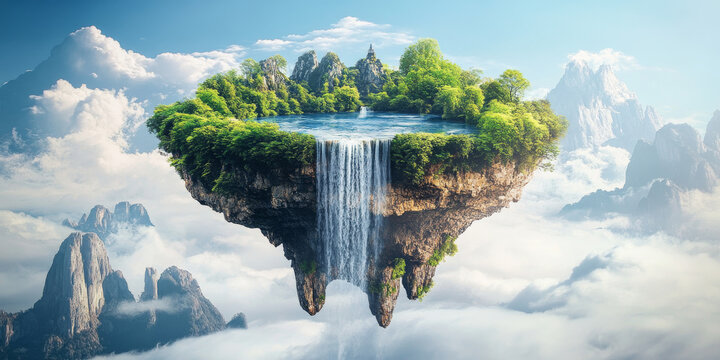 A floating island in the sky with waterfalls cascading down, creating a magical scene that transcends time