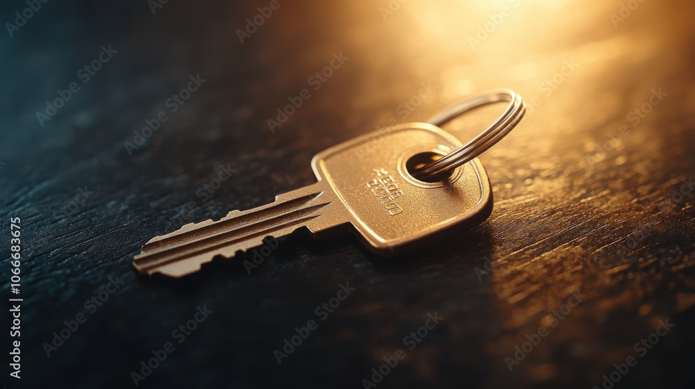 Poster close up macro photograph of minimalist key resting on dark surface, illuminated by warm light, crea